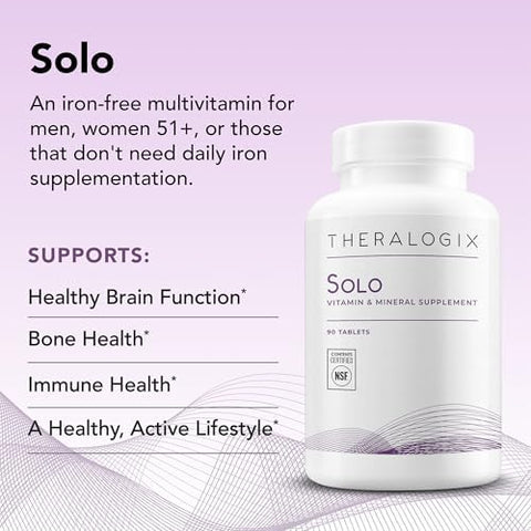 Theralogix Solo Multivitamin and Multimineral Supplement Without Iron 90Day Supply IronFree Multivitamin Support for Women and Men Vitamin D3 Vitamin C and B Vitamins NSF Certified 90 Tablets