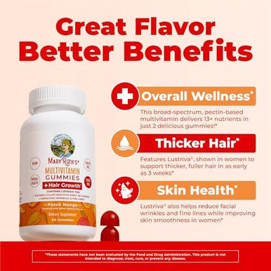 MaryRuth's Multivitamin Hair Growth Gummies Thicker Hair 30 Servings With Lustriva Biotin 10000mcg B Vitamins Formulated for Thicker Hair Wrinkles Fine Lines Skin Care