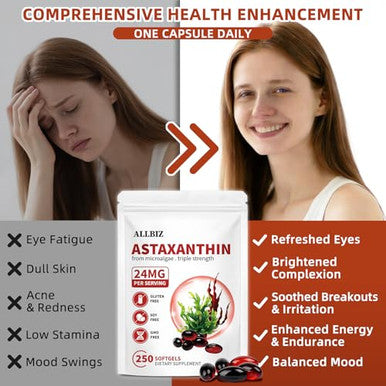 Allbiz Astaxanthin 24Mg | 250 Softgels | 250-Day Supply | Premium Antioxidant Supplement Supports Eye Skin Brain & Liver Health | Natural Microalgae Source Non-Gmo Gluten Free