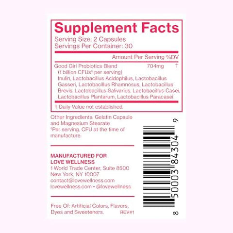 Love Wellness Good Girl Probiotics Womenâ€™S Vaginal Health & Ph Balance Supplement Probiotic For Urinary Tract Yeast Odor & Immune Support Gluten- 30-Day Supply