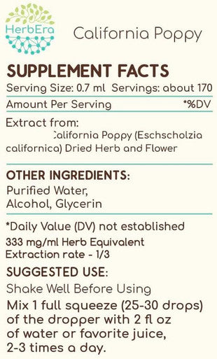 California Poppy A120 Alcohol Herbal Extract Tincture, Concentrated Liquid Drops Natural California Poppy (Eschscholzia Californica) Dried Herb and Flower (4 fl oz)