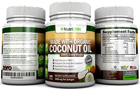 ORGANIC COCONUT OIL Capsules - 180 Softgels - 4000 MG Daily - Cold-Pressed Extra Virgin Coconut Oil - Certified USDA Organic - Great For Hair, Skin And Acne