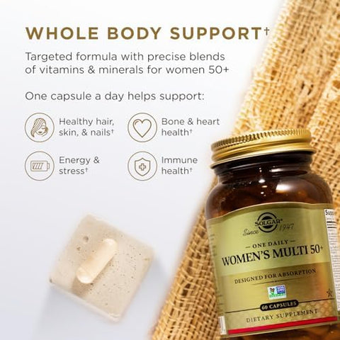 Solgar One Daily WomenS Multi 50+ Whole Body Support For Women 50 And Older Highly Absorbable Heart Bone and Breast Health Energy Stress Hair Skin and Nails Multivitamin 60 Vegan Capsule Servings