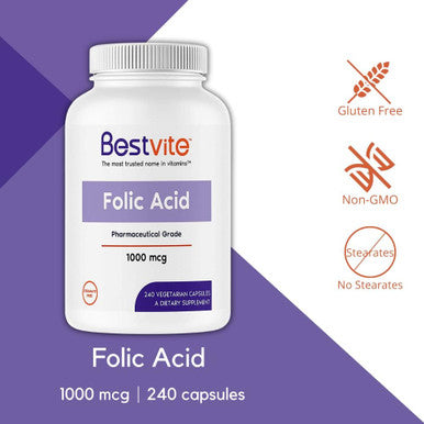Bestvite Folic Acid 1000mcg (Vitamin B9) (240 Vegetarian Capsules) - No Dicalcium Phosphate - No Stearates -No Silicon Dioxide - Non GMO - Gluten
