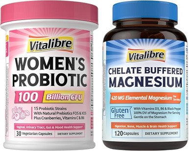Vitalibre Probiotics For Women 100 Billion Cfu 15 Strains 30 Capsules And 120 Capsules Magnesium Citrate 420Mg With Vitamin D3 & B6