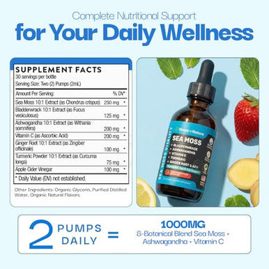 Drops Of Nature Ashwagandha & Turmeric Liquid Drops - Vitamin C Sea Moss Apple Cider Vinegar Bladderwrack - Vegan Liquid Drops For Comprehensive Wellness Support & Vital Immunity (Strawberry Ginger Lemonade 60Ml)