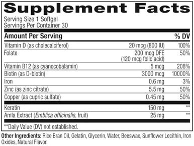 Olly Ultra Strength Hair Softgels, Supports Hair Health, Biotin, Keratin, Vitamin D, B12, Hair Supplement, 30 Day Supply - 30 Count (Packaging May Vary)