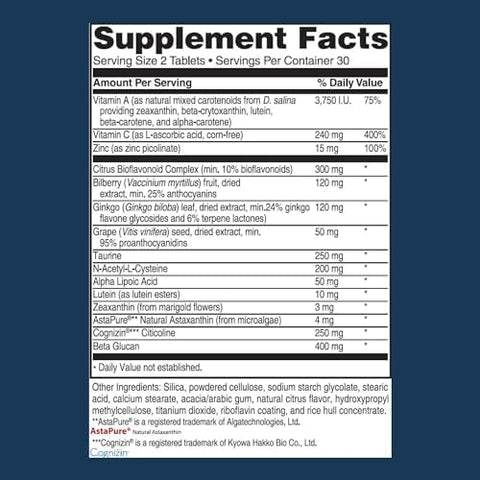 Advanced Vision Formula Supplement Healthy Vision Eye Function Support Eye Vitamins Lutein Zeaxanthin Vitamin A C Zinc Gluten Dairy Vegan (60 Tablets)