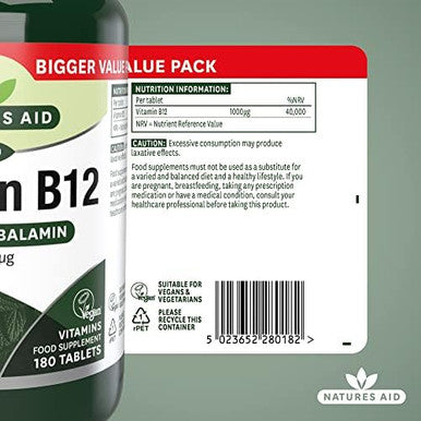 Natures Aid Vitamin B12 1000 g Supplement 180 Tablets | High Strength Methylcobalamin Supports Energy & Reduces Tiredness Vegan Vegetarian Gluten-Free