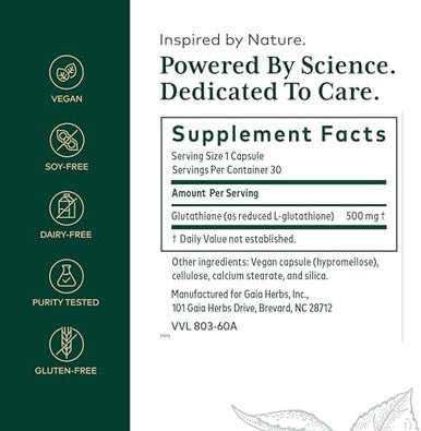 Gaia Herbs Pro Glutathione 500 Antioxidant Supplement Supports Cellular Health Supplement With Glutathione For Men & Women Vegan Gluten Soy 30 Capsules (30 Servings)