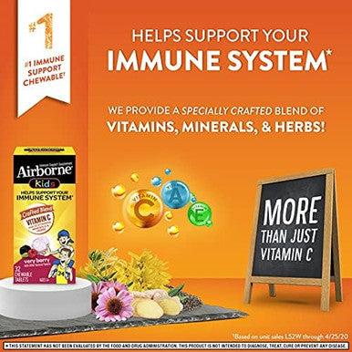 Airborne Kids 500Mg Vitamin C Chewable Tablets With Zinc Immune Support Supplement With Powerful Anitoxidant Vitamins A C & E 32 Chewable Tablets Very Berry