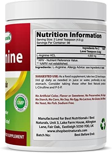 Best Naturals Larginine Powder 1 Pound Pure Pharmaceutical Grade Form Best Amino Acid Arginine Supplements For Women & Man Promotes Circulation And Supports Cardiovascular Health