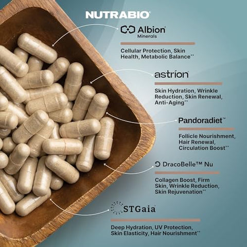 Nutrabio Hair Skin Nails Vitamins Enhanced Collagen Support Skin Hydration Hair Growth Vitamins With Biotin Keratin Hyaluronic Acid & More 90 Capsules