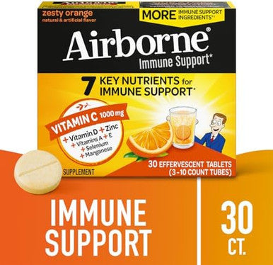 Airborne 1000Mg Vitamin C + Zinc Sugar Multivitamin Immune Support Effervescent Fizzy Drink Tablets Zesty Orange Flavor With Powerful Antioxidants Vitamins A C & E 30 Tablets (4 Pack)