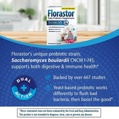 Florastor Probiotic Bundle For Digestion Gut Health 100 Ct. Probiotic For Digestive & Immune Health 30 Ct. Gut Boost Daily Probiotic & Prebiotic - Boost Good Bacteria & Flush Out The Bad