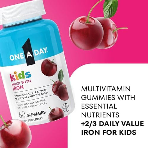 One A Day Kids Multivitamin with Iron Gummy Vitamin D Vitamin C E Zinc for Immune Support Gummy Vitamins Kids Multivitamin Gummies with Iron Cherry Flavor 60 Count (Packaging May Vary)