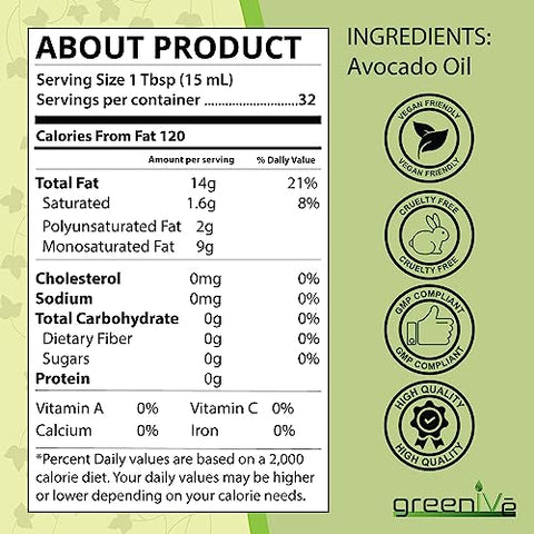 GreenIVe - Avocado Oil - 100% Pure Avocado Oil - Cold Pressed - Virgin - Exclusively on Amazon (16 Ounce) Ã¢â‚¬Â¦