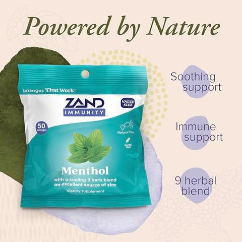 Zand Immunity Menthol Throat Lozenges 2 Pack - Good-For-You Dry Mouth Lozenges - Immune Support Supplement W/Menthol Zinc 5Mg Slippery Elm Soothe A Dry Throat Natural Flavor Gluten 50Ct Ea