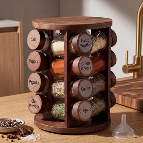 Yungyan Acacia Wood Brown Rotating Spice Rack Seasoning Organizer with 16 Empty Jars, Spice Containers Set with Labels and Funnel, Revolving Seasoning Rack for Kitchen Accessories