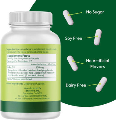 Bestvite InSea2 250mg (120 Vegetarian Capsules) - Clinically Researched Blend of Kelp & Bladderwrack - No Stearates - Vegan - Non GMO - Gluten