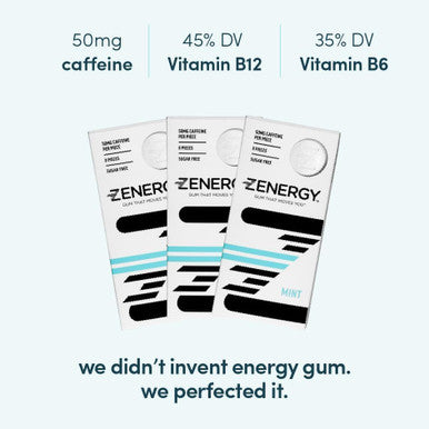 Zenergy Energy Gum Mint Flavor 50Mg Caffeine + 35% B6 And 45% B12 Vitamin Vegan, 0 Sugar, 0 Calories 0 Gluten 0 Aspartame Non Gmo Instant Action 3 Pack 24 Count