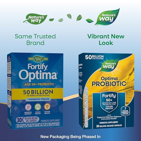 Nature'S Way Fortify Optima Probiotic For Adults 50 50 Billion Live Cultures Supports Digestive Balance Colon & Immune Health No Refrigeration Needed 30 Capsules (Packaging May Vary)