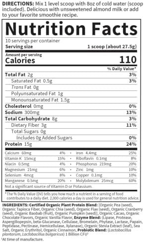 Garden Of Life Organic Plant Protein Smooth Chocolate Powder, 10 Servings - Vegan, Grain & Gluten Plant Based Protein Shake With 1 Billion Cfu Probiotics & Enzymes, 15 G Protein, 9.7 Oz