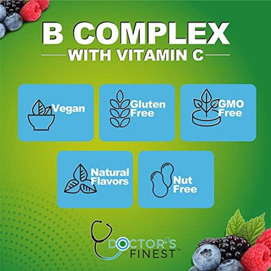 Doctors Finest Vitamin B Complex Gummies, Vegan, Gmo- Gluten , Great Taste Natural Strawberry Flavor Gummy Vitamins, With 6 B Vitamins, Energy Support Dietary Supplement, For Adults 90 Gummies