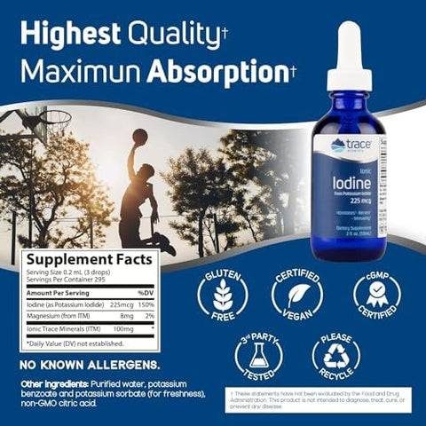 Trace Minerals Ionic Iodine 225 mcg Gel Supplement to Support Immune System and Thyroid Health Iodine Drops with Magnesium Supports Healthy Nervous System 2 fl oz (295 Servings)