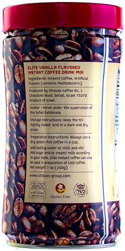 Elite Instant Coffee Vanilla Flavored Drink Mix 7oz | Gluten Free, Resealable Tin Bottle