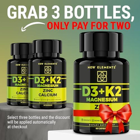 Elements Vitamin D3 K2 With Magnesium Glycinate + Zinc & Calcium Magnesium 1500Mg D3 10000 Iu K2 (Mk7) 200Mcg Zinc 50Mg Calcium 50Mg Immunity Bone & Recovery Support Vegan Non-Gmo