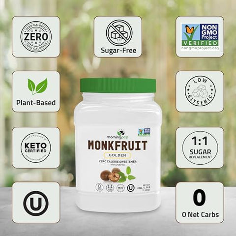 Morning Pep 100% Pure Monk Fruit extract sweetener, No Erythritol 5 oz and Morning Pep Monk Fruit Sweetener, golden Sugar Substitute, 2.5 lb