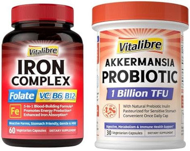 Vitalibre Iron Complex Supplement 60 Capsules & Akkermansia Muciniphila Probiotic 1 Billion Tfu, 30 Capsules