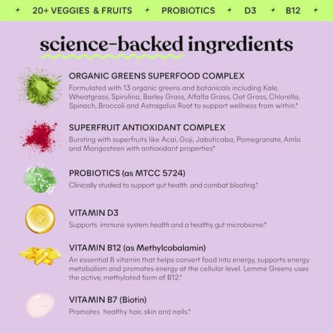 Lemme Greens Superfood Gummies W/Multi - Support Gut Health & Reduce Bloating 20 Organic Greens And Superfruits Clinically Studied Probiotics D3 B12 - Berries & Greens Flavored (60 Count)