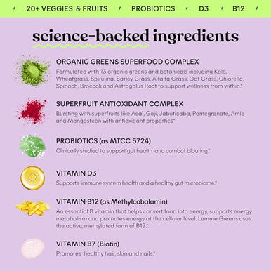Lemme Greens Superfood Gummies W/Multi - Support Gut Health & Reduce Bloating 20 Organic Greens And Superfruits Clinically Studied Probiotics D3 B12 - Berries & Greens Flavored (60 Count)