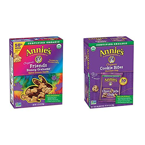 Annie's Organic Friends Bunny Graham Snacks, Chocolate Chip, Chocolate & Honey, 11.25 oz. and Annie's Organic Chocolate Chip Cookie Bites, 10 Packets, 10.5 oz.