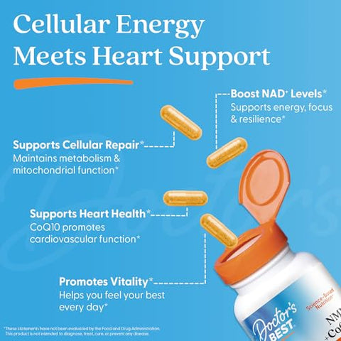 Doctor'S Best Nmn Coq10 Supplement For Women & Men - Supports Nad Production & Cellular Energy Beta Nicotinamide Mononucleotide 150 Mg & Coenzyme Q10 50 Mg Per Capsule Vegan Non Gmo 60 Veg Caps