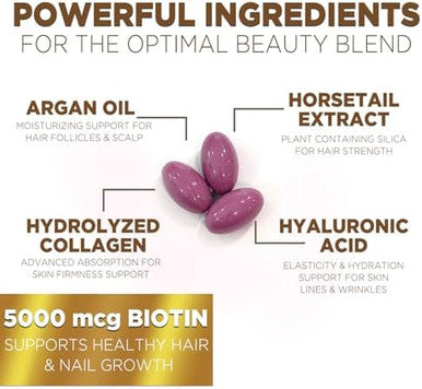 Hair Vitamins Women, Ultra Strength 5000Mcg Biotin, Collagen, Paba & More - Womens Hair Growth, Skin, Nails & Keratin Support Supplement, Infused W/ Argan Oil & Hyaluronic Acid, Non-Gmo - 120 Softgels
