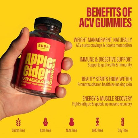 Bubs Naturals Apple Cider Vinegar Gummies With The Mother All Natural Vegan Acv Gummy Vitamins Supports Detox Digestion & Energy Booster With B Vitamins 60 Count