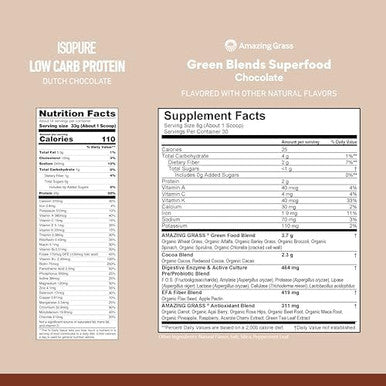 Isopure Build Your Smoothie Chocolate Bundle Dutch Chocolate Low Carb Protein Powder (14 Servings) And Amazing Grass Greens Chocolate Blend Superfood (30 Servings)