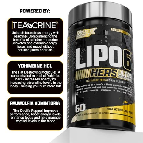 Nutrex Research Lipo-6 Black Hers Ultra Concentrate Weight Loss Pills For Women Fat Burner Appetite Suppressant Metabolism Booster For Weight Loss Hair Skin & Nails Support 60 Diet Pills