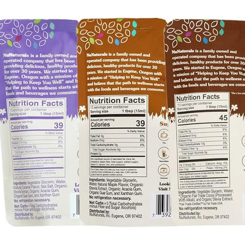 NuNaturals Pourable Maple Caramel Chocolate Stevia Syrup SugarFree Syrup 6.6oz 3 Pack (MultiPack)