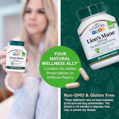 21St Century Lion'S Mane 2100 Mg Plus Black Pepper Extract Vegetarian Capsules 60 Count