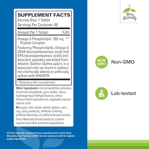 Terry Naturally Vectomega Supplement With Epa & Dha Omega3 Tablets For Brain & Heart Health Support Nutritional Supplement With Essential Fatty Acids & Peptides 60 Tablets
