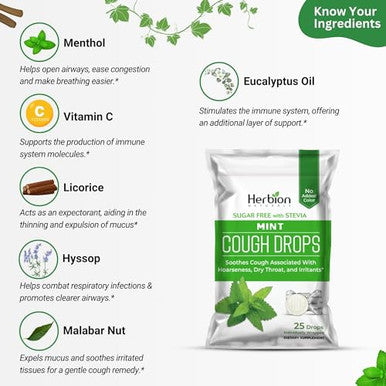 Herbion Naturals Cough Drops With Natural Mint Flavor Sugar With Stevia Dietary Supplement Soothes Cough For Adults & Children Over 6 Years 25 Drops No Artificial Flavor Or Color