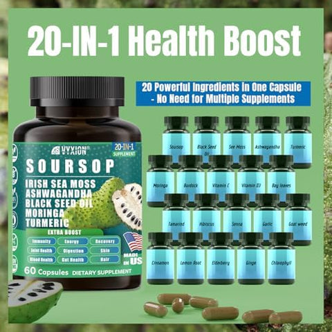 Soursop Graviola Supplement with Sea Moss Moringa Turmeric Black Seed Oil Oregano Ashwagandha 20inOne Herbal extracts for Overall HealthEnhancing Vegan NonGMO 60 Capsules