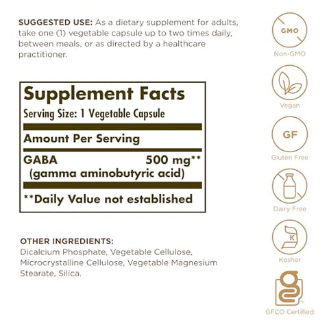 Solgar Gaba 500 Mg 50 Vegetable Capsules - Relaxation & Nervous System Support - Amino Acid - Non-Gmo Vegan Gluten Free Dairy Free Kosher 50 Servings