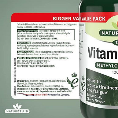 Natures Aid Vitamin B12 1000 g Supplement 180 Tablets | High Strength Methylcobalamin Supports Energy & Reduces Tiredness Vegan Vegetarian Gluten-Free
