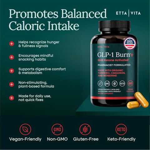 Etta Vita Ketosis & Glp-1 Supplement Weight Loss For Women And Men - Appetite Suppressant Fat Burner And Metabolic Health With Bhb Raspberry Ketones Apple Cider Vinegar Berberine Hcl (Made In Us/Lab Tested)