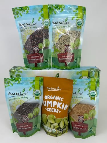 Food to Live Organic Superfoods in a Gift Box - A Variety Pack of Pumpkin Seeds, Hemp Seeds, Chia Seeds, Golden Flax Seeds, and Cacao Nibs